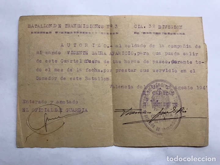 Militaria: MILITAR. Valencia. Batall&oacute;n de Transmisiones No.3, CIa.32 Divisi&oacute;n. Permiso Paseo (a.1940)