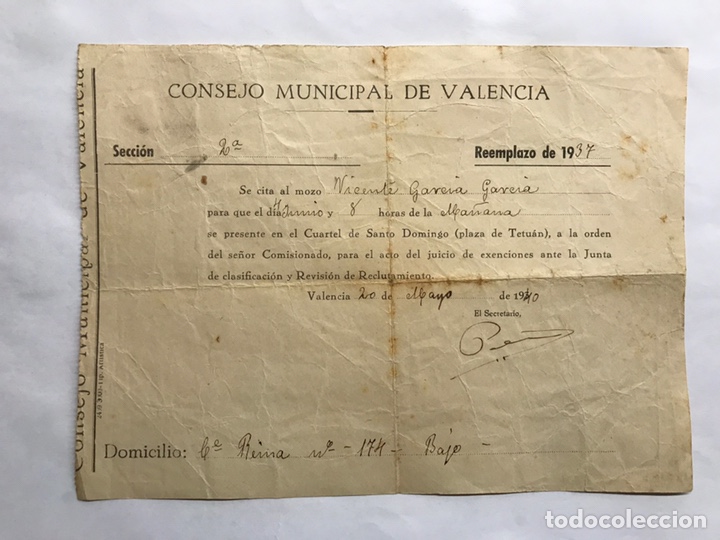 Militaria: MILITAR. Hoja de citaci&oacute;n. Consejo Municipal de Valencia. Reemplazo de 1937