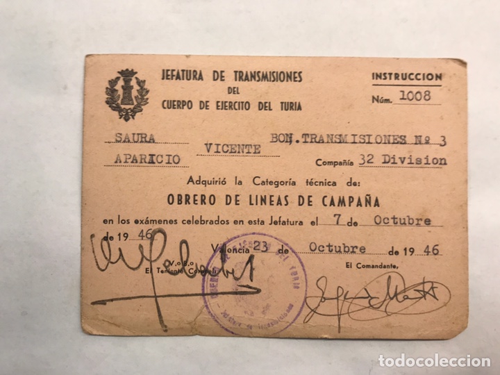 Militaria: MILITAR. Carnet Obrero de L&iacute;neas de Campa&ntilde;a. Jefatura de Transmisiones. Valencia a.1946