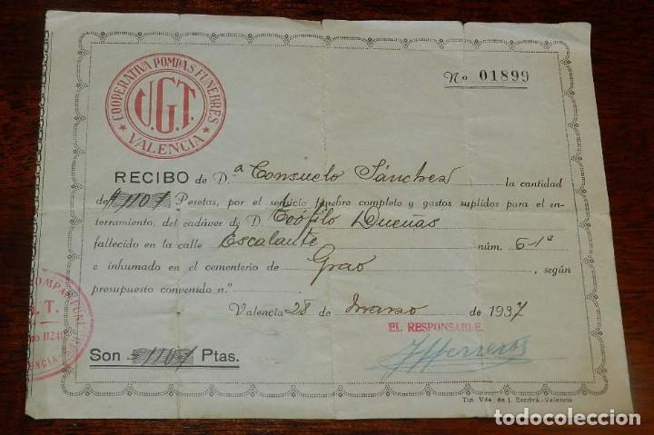Militaria: Recibo Marzo de 1937 UGT, Cooperativa Pompas F&uacute;nebres VALENCIA, PLENA GUERRA CIVIL, mide 20 x 15,5 c