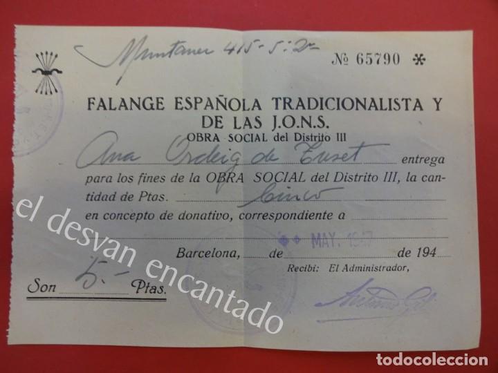 Military Antiques: FALANGE ESPA&Ntilde;OLA. Recibo donativo OBRA SOCIAL. Postguerra. Barcelona