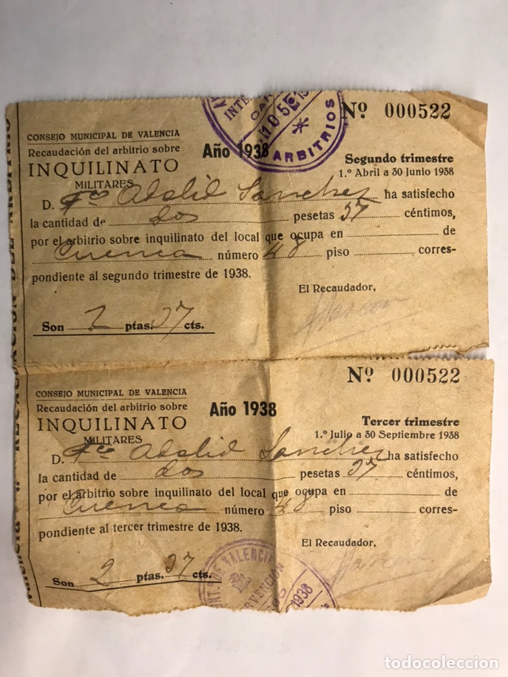 Militaria: MILITAR. Inquilinato Militar, documento Consejo Municipal de Valencia (a.1938)