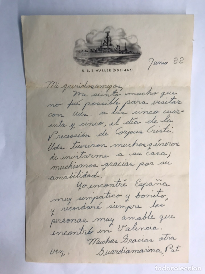 Militaria: U.S.S. WALLER (DDE - 466), Armada de EE.UU., carta del Guardamarina Pat., Carta manuscrita (h.1960?)