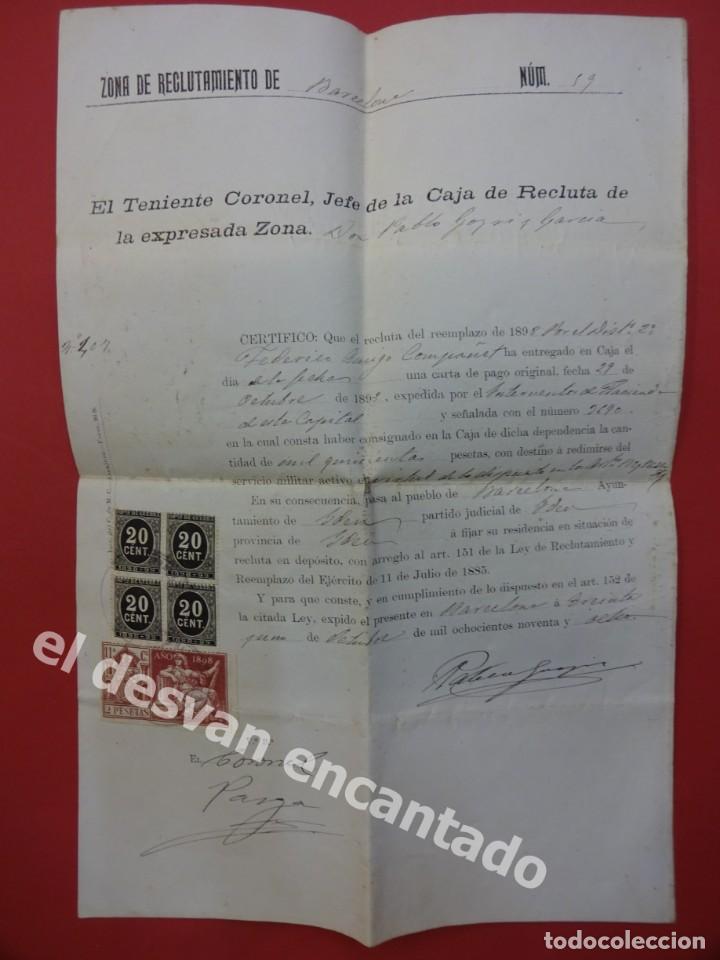Military Antiques: Zona Reclutamiento Barcelona. A&ntilde;o 1898. Certificado donde se redime a un recluta del Servicio Milita