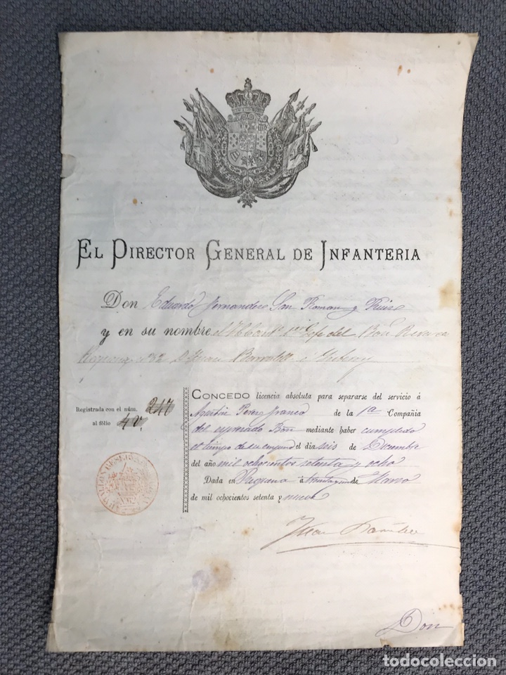 Militaria: MILITAR. Utiel Requena (Valencia) Concesi&oacute;n de Licencia Absoluta (a.1879)