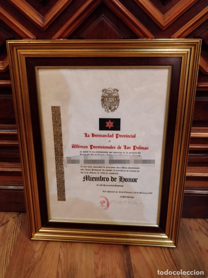 Militaria: Certificado de Membres&iacute;a de honor, Hermandad Provincial de Alf&eacute;reces Provisionales 1988