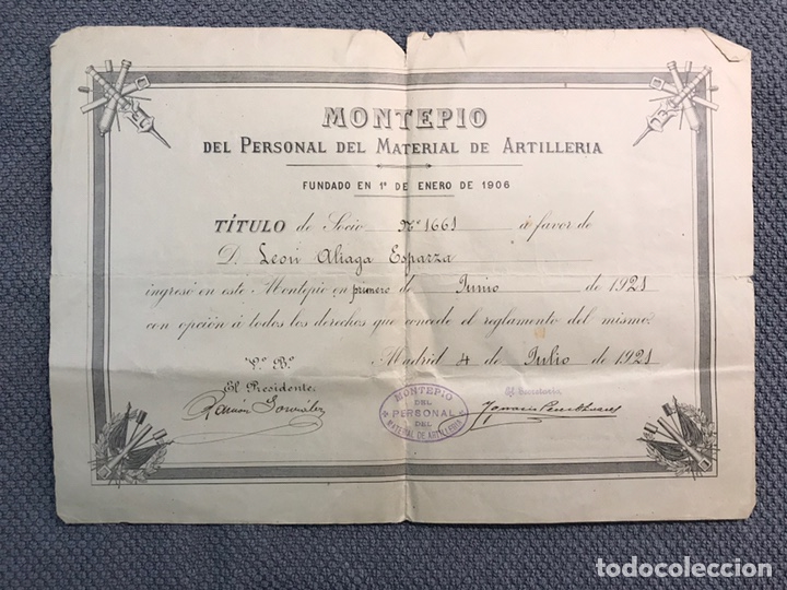 Militaria: MILITAR. Documento P&oacute;liza Montep&iacute;o del Personal del Material de Artiller&iacute;a (a.1906)