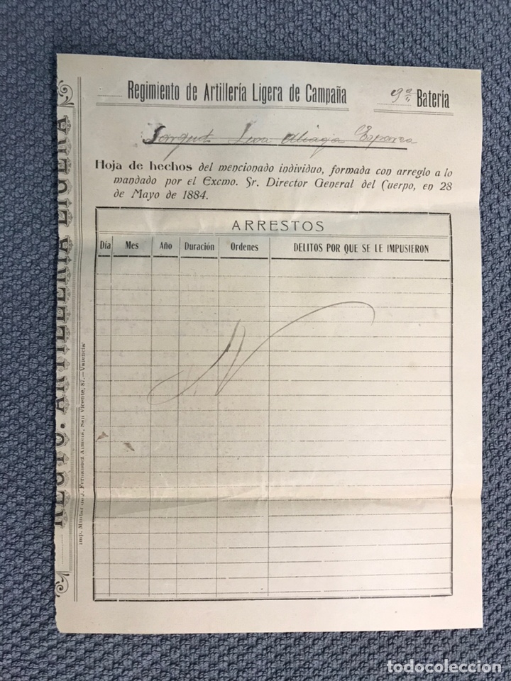 Militaria: MILITAR. Regimiento de Artiller&iacute;a Ligera de Campa&ntilde;a. 9a. Bater&iacute;a. HOJA DE ARRESTOS (a.1919)