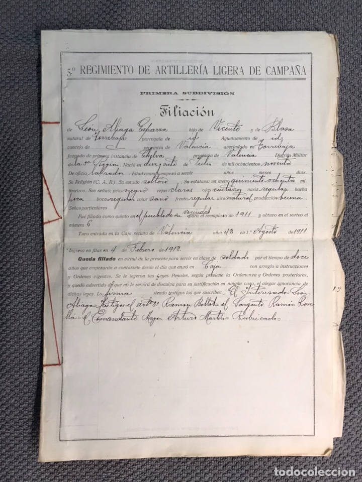 Militaria: MILITAR.TORREBAJA (Valencia) 5o. Regimiento de Artiller&iacute;a Ligera de Campa&ntilde;a Pliego de hojas (a.1911)