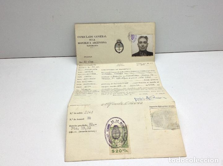 Militaria: CONSULADO GENERAL DE LA REPUBLICA ARGENTINA BARCELON - CERTIFICADO DE MATRICULA  A&Ntilde;O 1957
