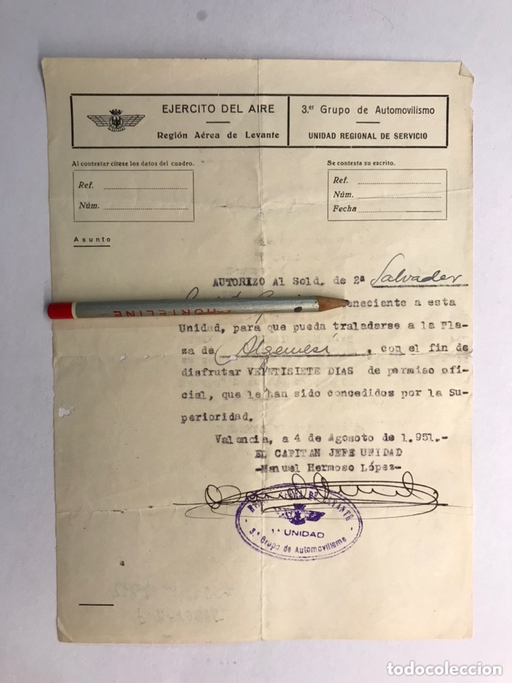 Militaria: MILITAR. Ej&eacute;rcito del Aire. 3er. Grupo de Autom&oacute;vilismo. Autorizaci&oacute;n de traslado (a.1951)
