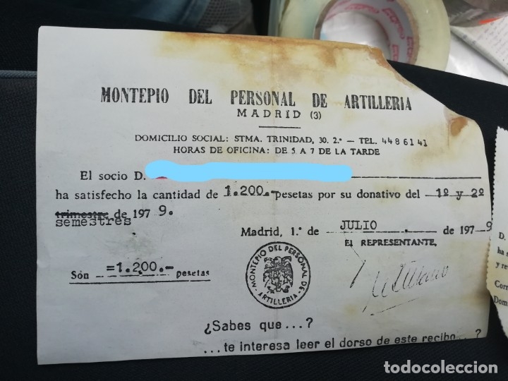 Militaria: Antiguo boleto montepio recibo personal de artilleria a&ntilde;o 1979