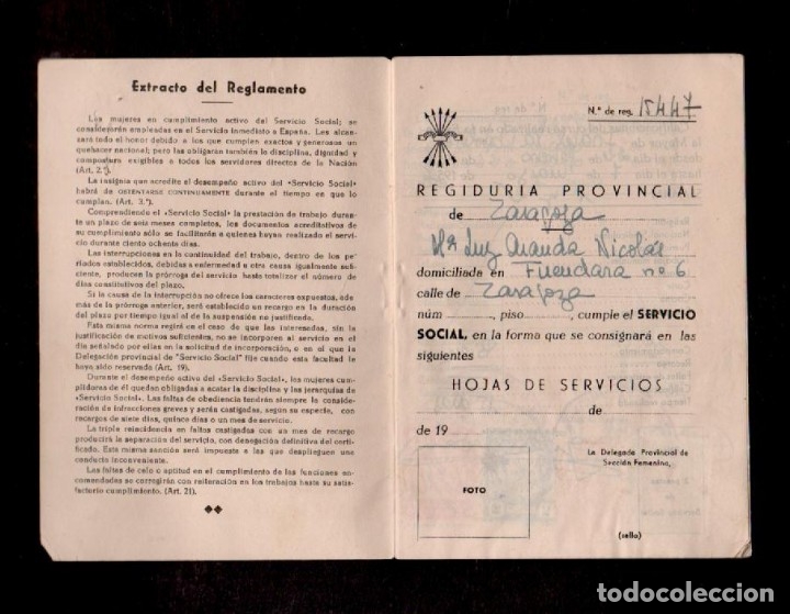 Militaria: S0016 Cartilla del SERVICIO SOCIAL - Ajuste de Trabajos - Regiduria Provincial de ZARAGOZA - Escuel