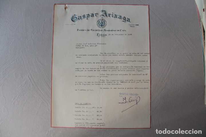 Militaria: GASPAR ARIZAGA, F&Aacute;BRICA DE ESCOPETAS MODERNAS DE CAZA, LISTA DE PRECIOS, 1955
