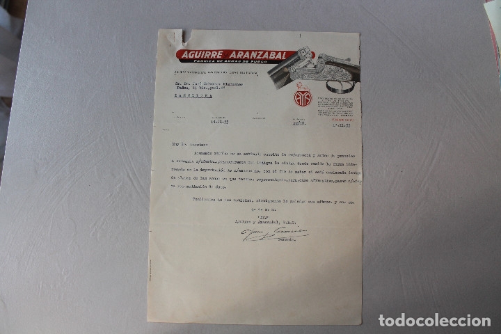 Militaria: AGUIRRE ARANZABAL, F&Aacute;BRICA ARMAS DE FUEGO, CARTA, 1955, EIBAR