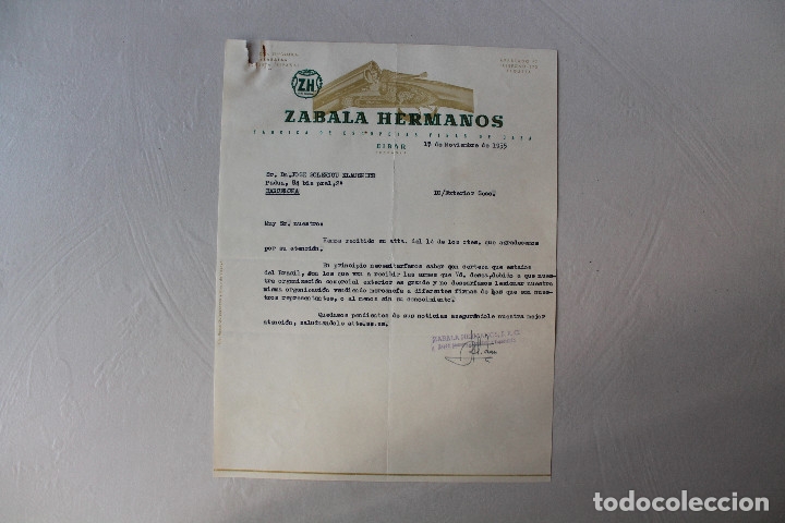 Militaria: ZABALA HERMANOS, F&Aacute;BRICA DE ESCOPETAS, CARTA, 1955, EIBAR