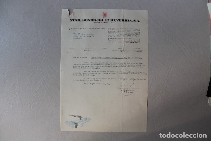 Military Antiques: STAR, BONIFACIO ECHEVERRIA, SA, F&Aacute;BRICA DE ARMAS DE FUEGO, CARTA, 1955, EIBAR