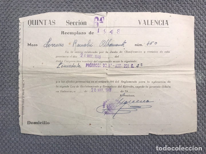 Militaria: MILITAR. QUINTAS SECCI&Oacute;N 6a. Documento concesi&oacute;n de pr&oacute;rroga. Valencia, Mayo de 1948