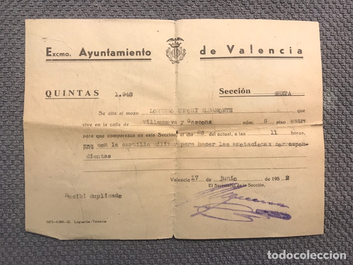 Militaria: MILITAR. QUINTAS SECCI&Oacute;N 6a. Documento citaci&oacute;n Cartilla Militar. Valencia, Junio de 1952