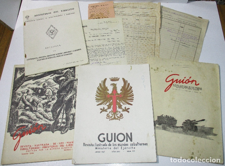 Militaria: Telegrama, justificantes, escalilla, GUI&Oacute;N revista ilustrada de los mandos subalternos, 1945-1969