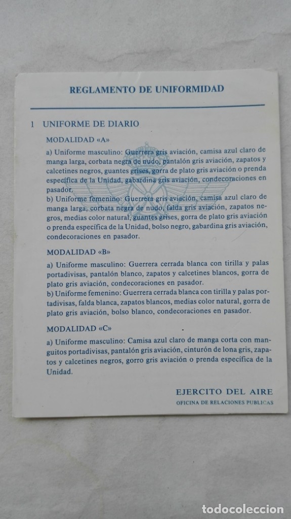 Militaria: AVIACI&Oacute;N - EJERCITO DEL AIRE : REGLAMENTO DE UNIFORMIDAD, 1989