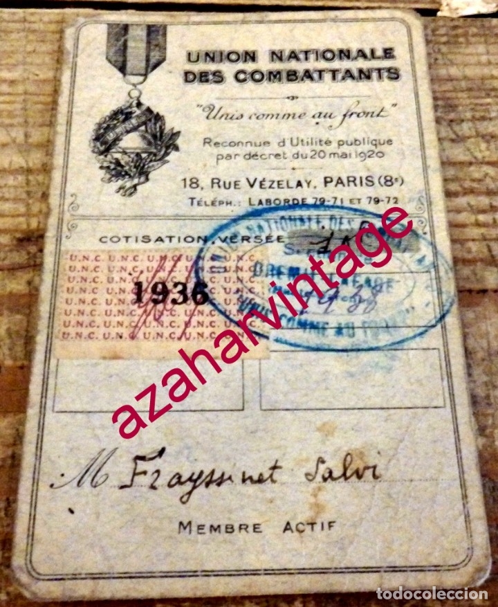 Militaria: CARNET DE LA UNI&Oacute;N NACIONAL COMBATIENTES, FRANCIA, 1936