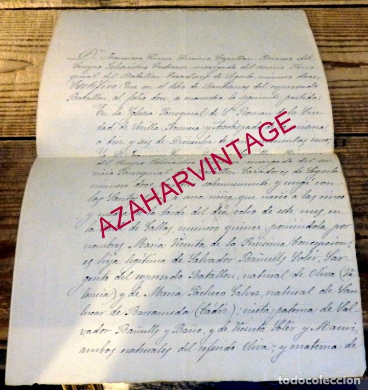 Militaria: SEVILLA, 1902, CERTIFICADO DE BAUTISMO EMITIDO POR CAPELLAN BATALLON DE CAZADORES DE SEGORBE 12