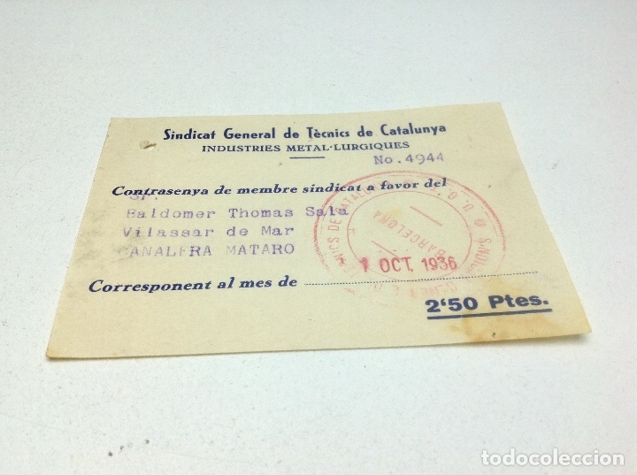 Militaria: U.G.T. - SINDICAT GENERAL DE TECNICS DE CATALUNYA - INDUSTRIES METALURGICAS - ANY 1936 - REBUT UGT