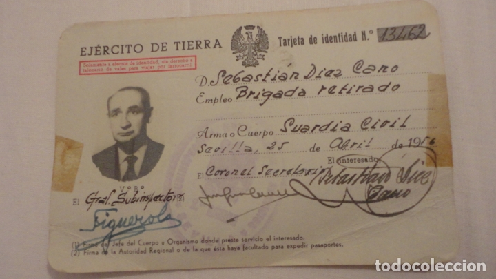 Military Antiques: TARJETA IDENTIDAD.EJERCITO DE TIERRA.GUARDIA CIVIL.BRIGADA RETIRADO.SEVILLA 1956