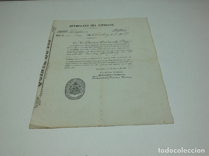 Militaria: REMPLAZO DEL EJERCITO - AYUNTAMIENTO DE BARCELONA 1896