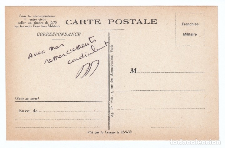 Militaria: Rara trasera tarjeta postal sin imprimir Censura militar 1939 A&ntilde;o de la Victoria Impresa en Paris aa