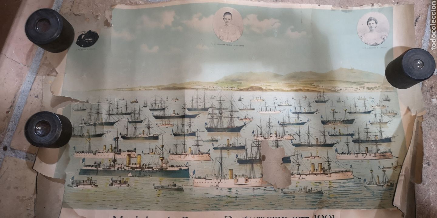 Militaria: Antiguo p&oacute;ster de la Marina de Guerra portuguesa del a&ntilde;o 1901 con fotograf&iacute;as del pr&iacute;ncipe y de la r