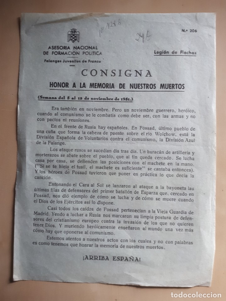 Militaria: Documento Legi&oacute;n de flechas, consigna, n&ordm; 206 - Foto 1