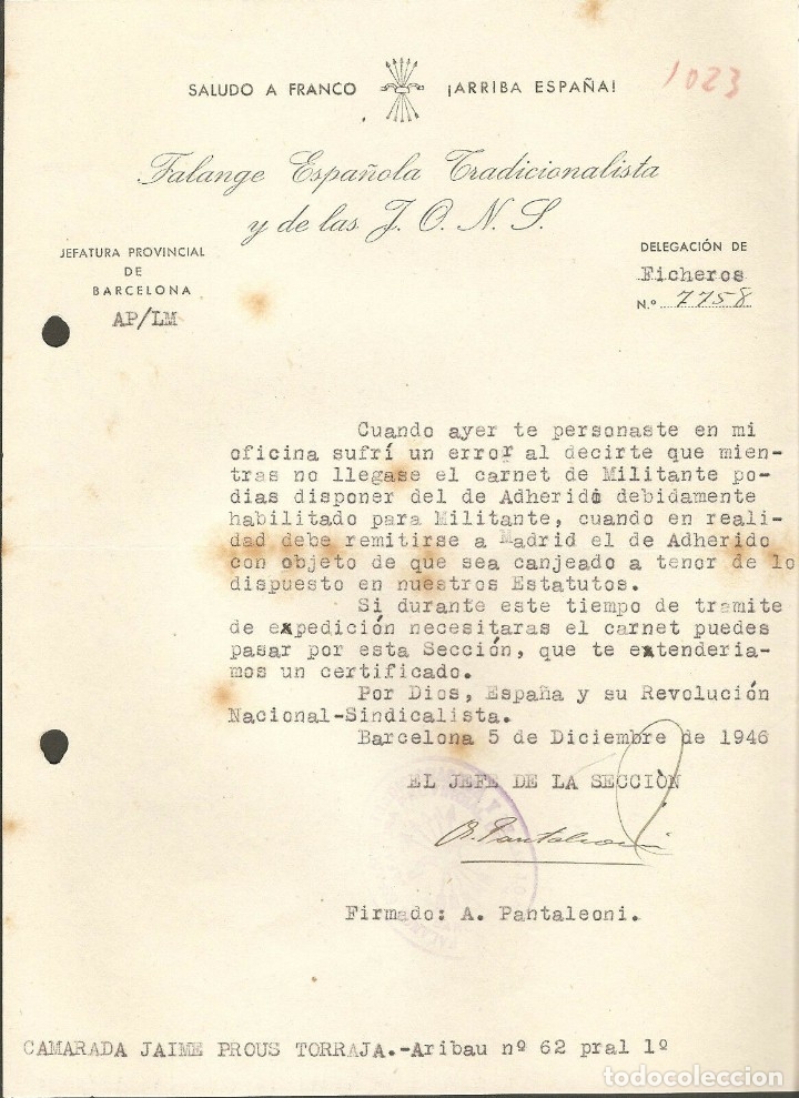 Military Antiques: OFICIO INDICANDO SUSTITUCION CARNET FALANGE POR CERTIFICADO PROVISIONAL