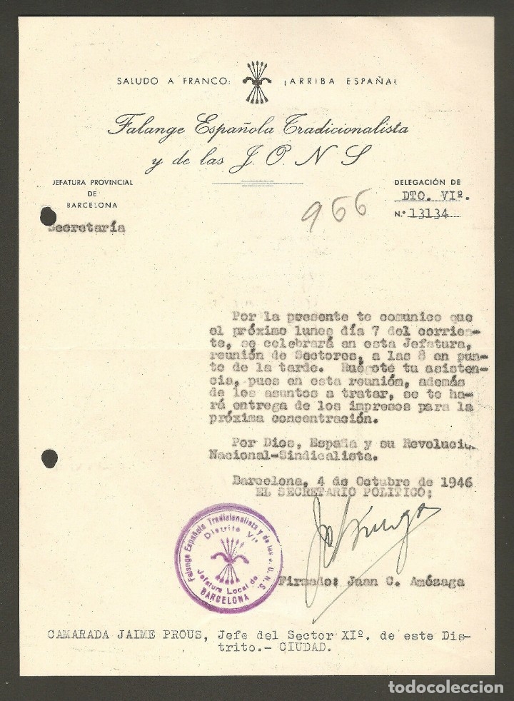 Military Antiques: OFICIO FALANGE ,OCTUBRE 1946