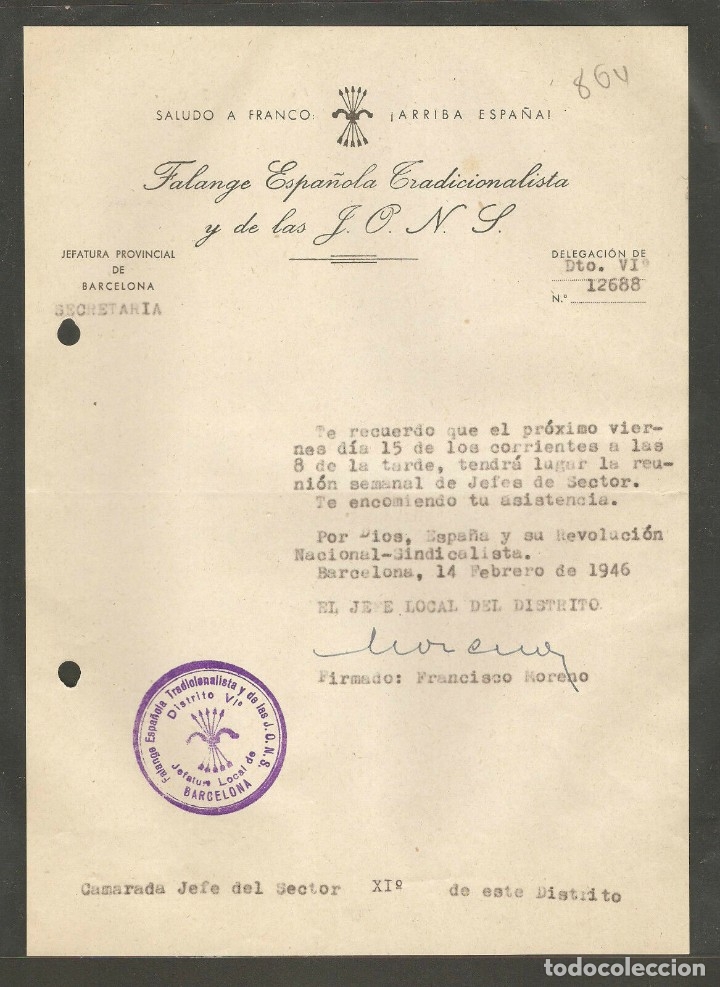 Military Antiques: FET DE LAS JONS BARCELONA, OFICIO CONVOCANDO REUNION JEFES SECTOR