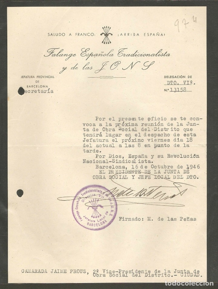 Military Antiques: FET DE LAS JONS BARCELONA, OFICIO CONVOCANDO REUNION OBRA SOCIAL,OCTUBRE 1946,FDO.MARIANO DE LAS PE&Ntilde;