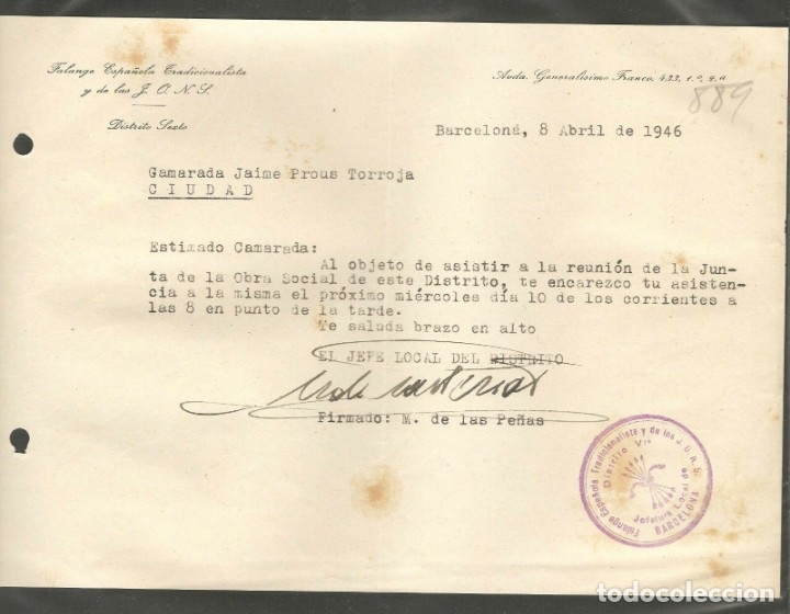 Military Antiques: FET DE LAS JONS BARCELONA, OFICIO CONVOCANDO REUNION OBRA SOCIAL,ABRIL 1946,FDO.MARIANO DE LAS PE&Ntilde;AS