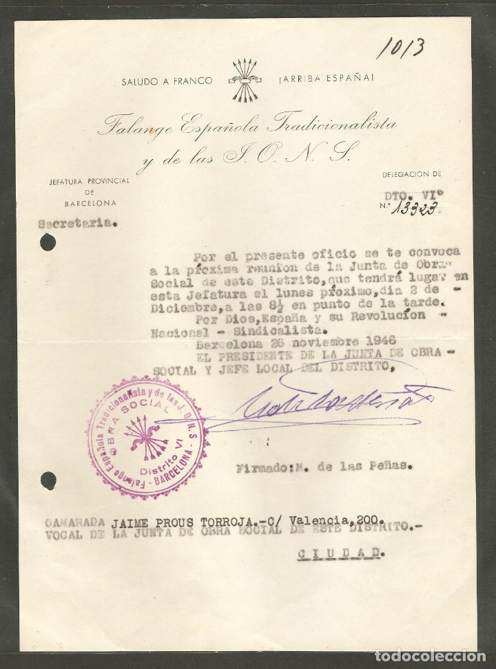 Military Antiques: FET DE LAS JONS BARCELONA, OFICIO CONVOCANDO REUNION OBRA SOCIAL,NOVIEMBRE 1946