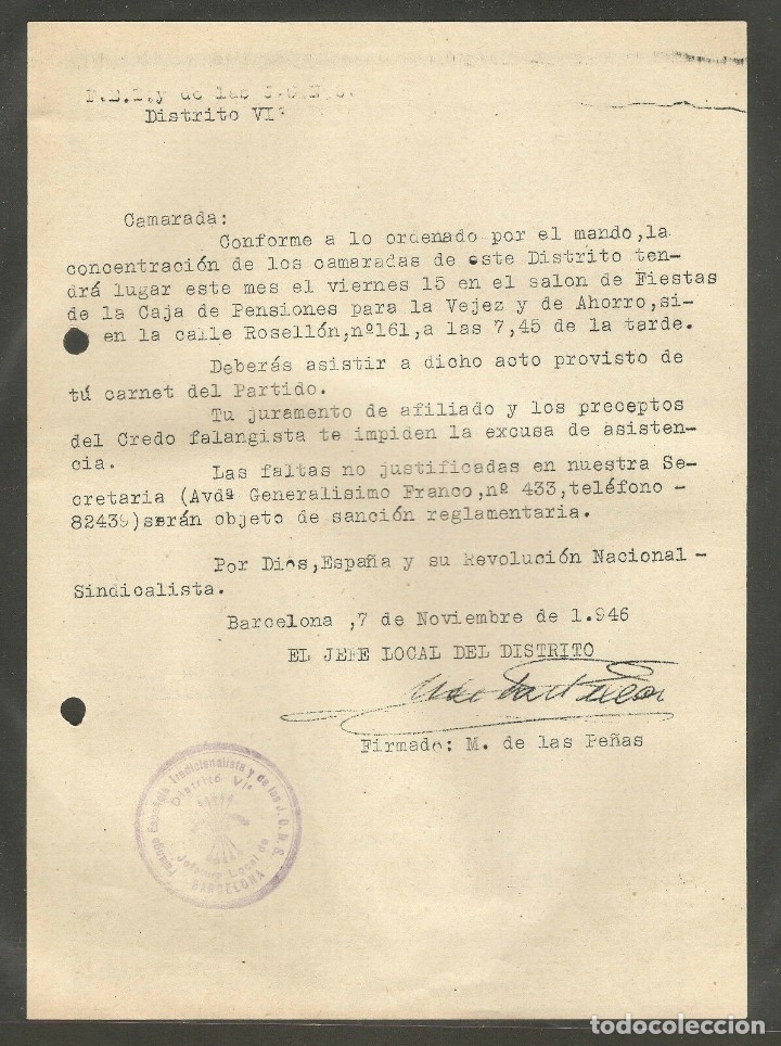 Military Antiques: FET DE LAS JONS BARCELONA, OFICIO CONVOCANDO REUNION AFILIADOS,NOVIEMBRE 1946,