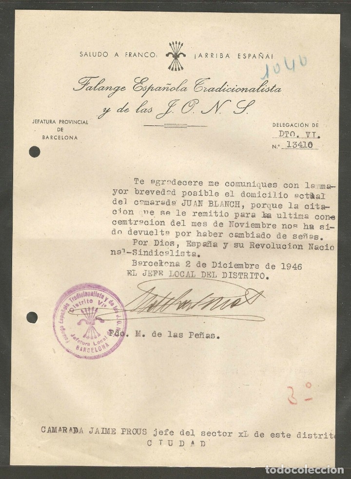 Military Antiques: FET DE LAS JONS BARCELONA, OFICIO SOLICITANDO DOMICILIO JUAN BLANCH,DICIEMBRE 1946.
