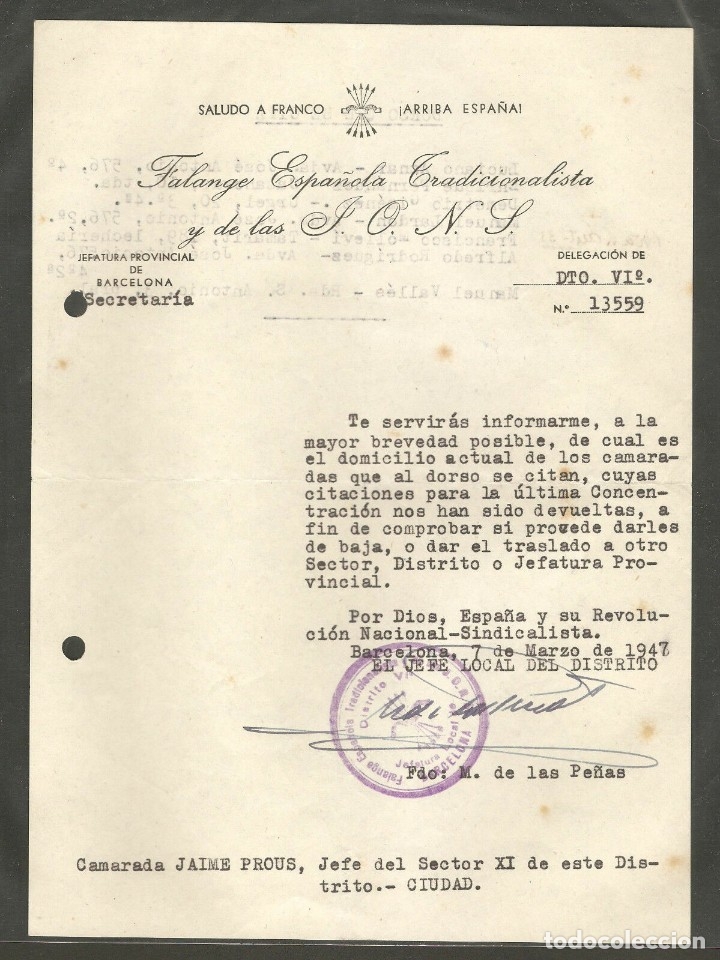 Military Antiques: FET DE LAS JONS BARCELONA, OFICIO SOLICITANDO DOMICILIO VARIOS CAMARADAS,MARZO 1947,FIRMADO MARIANO