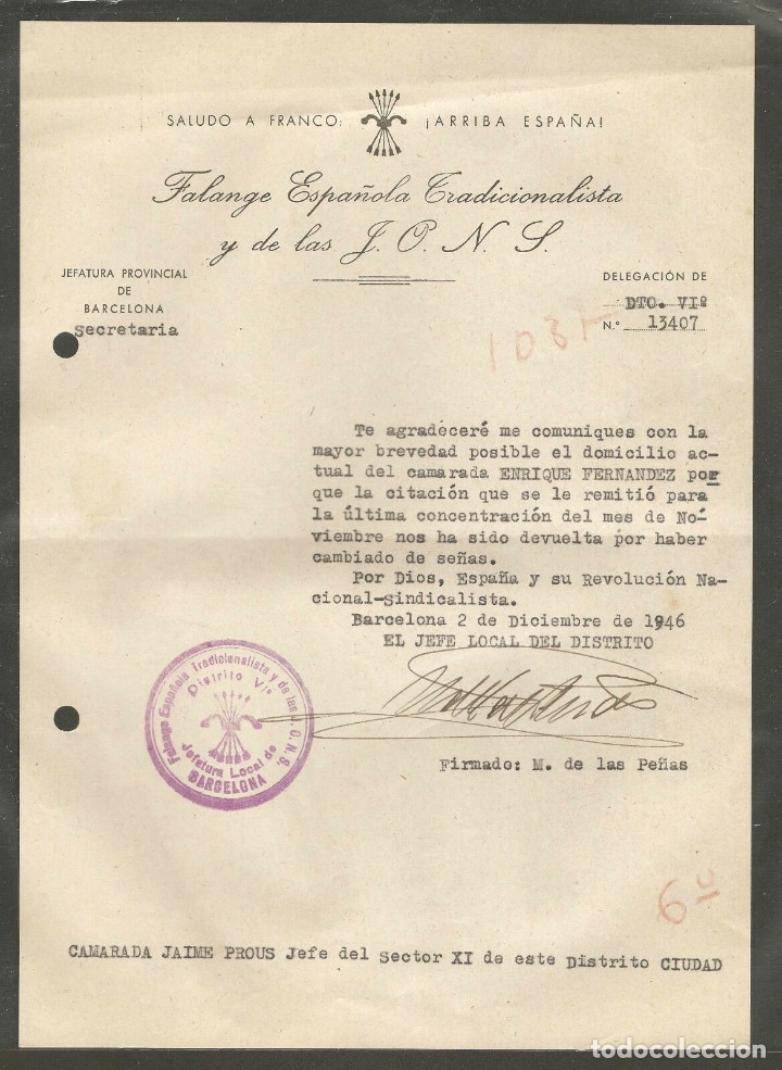 Military Antiques: FET DE LAS JONS BARCELONA, OFICIO SOLICITANDO DOMICILIO ENRIQUE FERNANDEZ,DICIEMBRE 1946