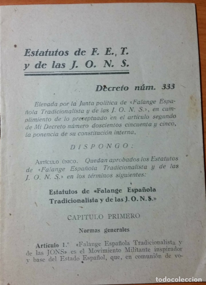 Military Antiques: MINI-LIBRO ESTATUTOS DE F.E.T Y DE LAS J.O.N.S