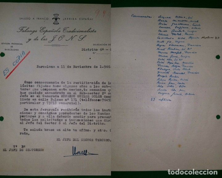 Military Antiques: OFICIO COMUNICANDO CAMBIO SUBSECTORES 11/11/46,F.E.T. Y DE LAS J.O.N.S.