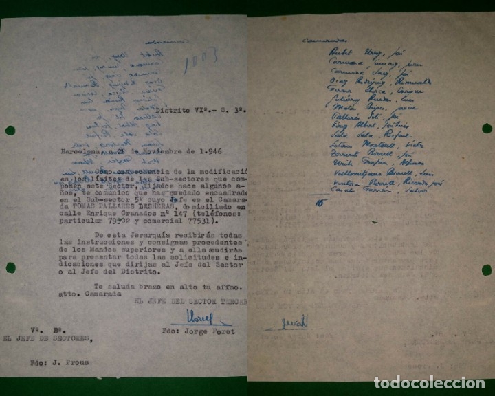 Militaria: OFICIO COMUNICANDO CAMBIO SUBSECTORES 21/11/46 - Foto 1
