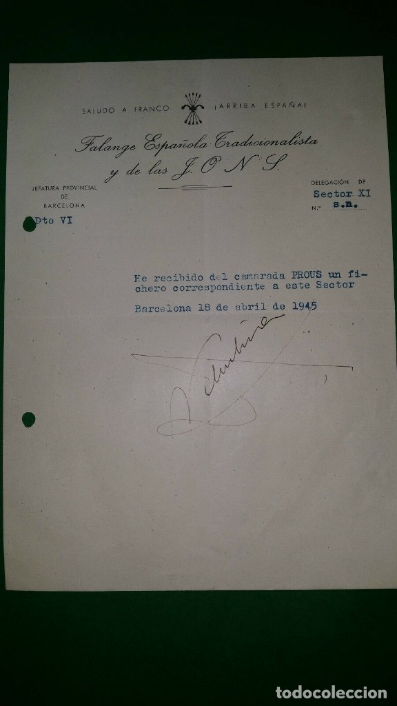 Military Antiques: OFICIO COMUNICANDO RECIBO FICHERO ,18/04/45 F.E.T. Y DE LAS J.O.N.S.