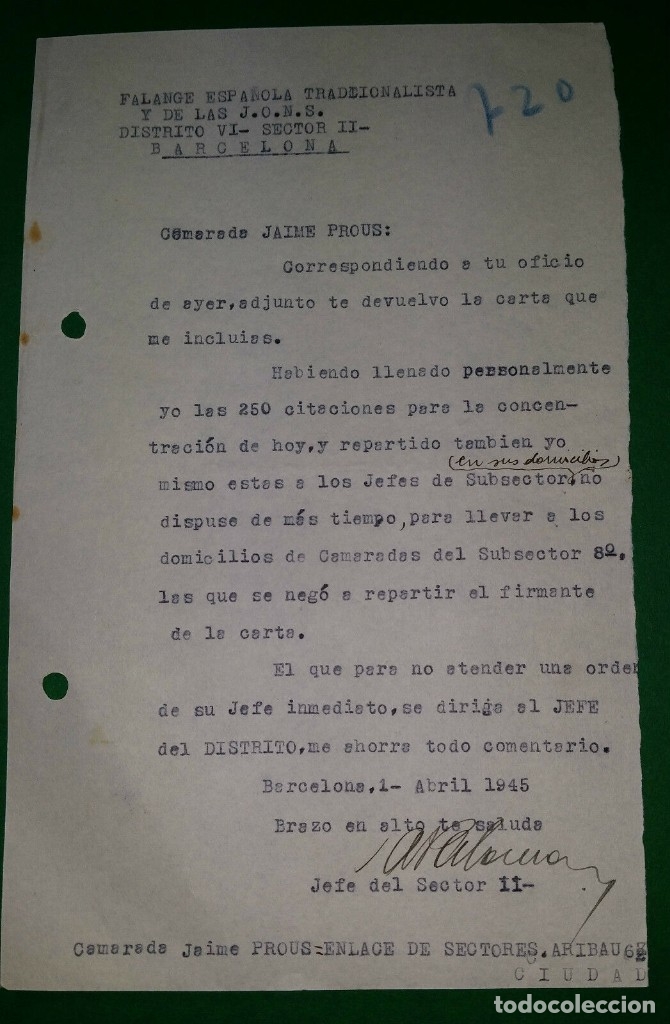 Military Antiques: OFICIO COMUNICANDO PROBLEMAS DISCIPLINA,1/04/45 F.E.T. Y DE LAS J.O.N.S.