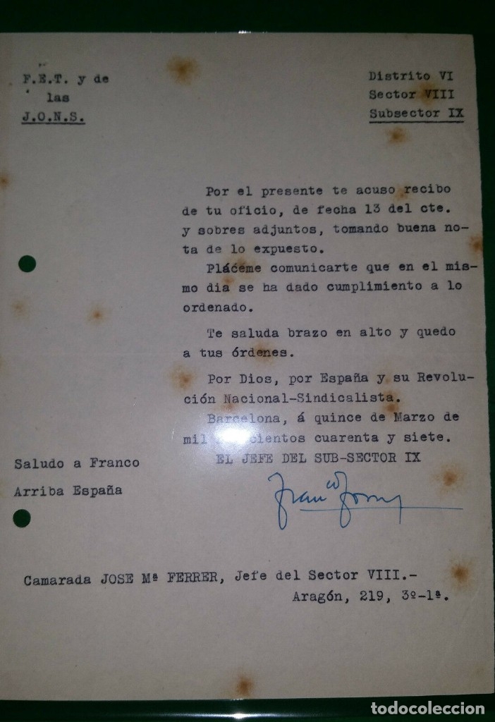 Military Antiques: OFICIO ACUSANDO RECIBO DOCUMENTACION,15/03/47 F.E.T. Y DE LAS J.O.N.S.