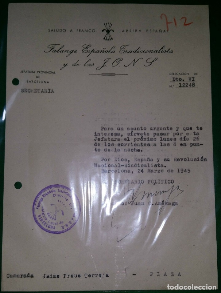 Military Antiques: OFICIO CITANDO A REUNION,24/03/46 F.E.T. Y DE LAS J.O.N.S.